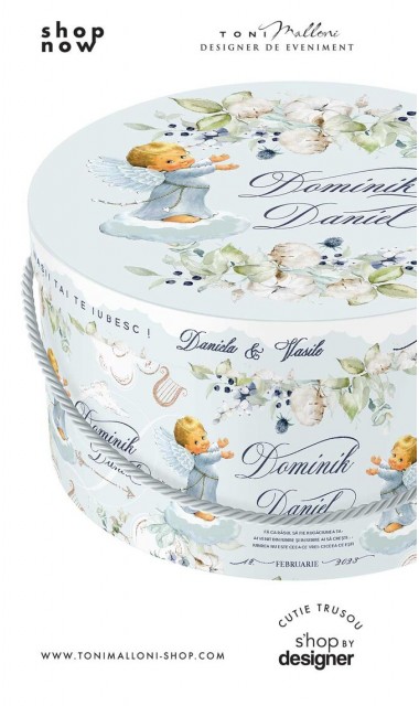 Cutie trusou botez rotunda bleu pastelata cu ingeri bleu 2